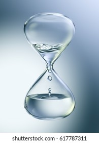 Hourglass with dripping water close-up. Gray background. 3d rendering