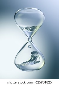 Hourglass with dripping water close-up. Gray background. 3d rendering