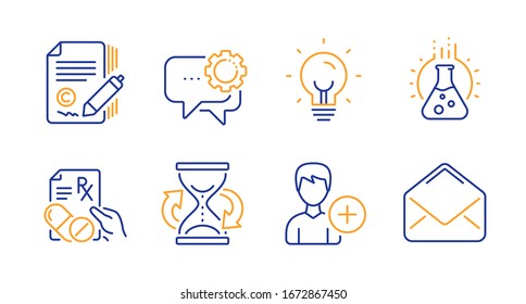 Hourglass, Energy And Prescription Drugs Line Icons Set. Employees Messenger, Chemistry Lab And Add Person Signs. Copywriting, Mail Symbols. Sand Watch, Lightbulb. Business Set.