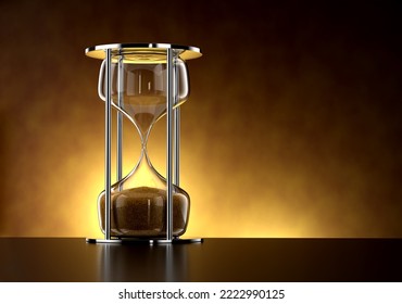 Hourglass On Reflective Black Floor, Sandglass 3d Illustration Render With Amber Background