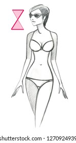 Hourglass type of female figure in swimsuit and sunglass. Pencil drawing isolated on white background