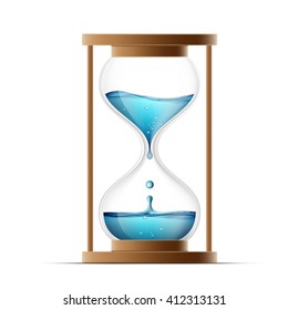 Hourglass with water. Water drips into the watch. Countdown. Isolated on white background. Stock illustration.