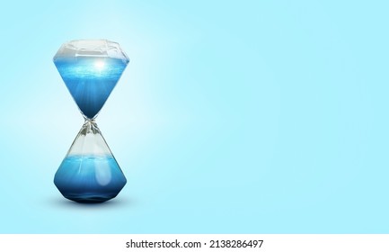 Hourglass with water on blue background.
