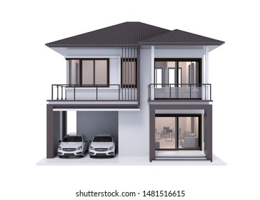 house 3d illustration with white car isolate on white background.
