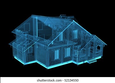 House 3D Rendered Xray Blue Transparent