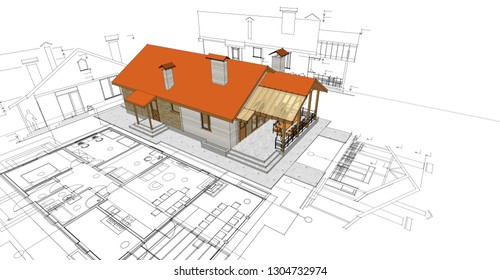House, architectural project. 3D illustration, sketch - Shutterstock ID 1304732974
