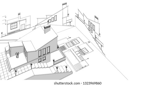 House Architectural Project Sketch 3d Illustration Stock Illustration ...