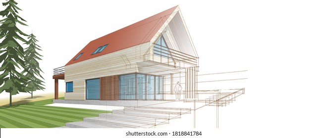 house with attic on relief 3d illustration