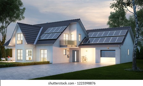 House with bright lighting in the evening in front of the sky in summer (3D Rendering)