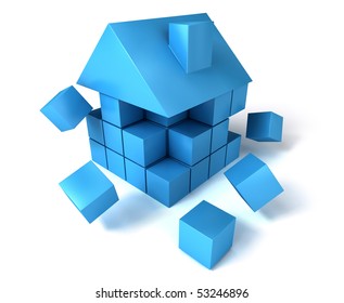 A House Build Of Blocks And Cubes, Falling Apart.