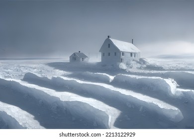 House Buried In Snow. Snowdrifts. Snowy Wasteland.