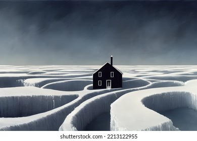 House Buried In Snow. Snowdrifts. Snowy Wasteland.