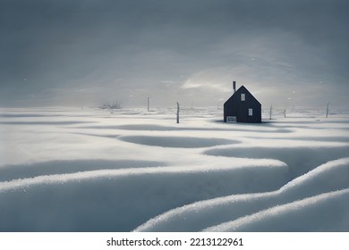 House Buried In Snow. Snowdrifts. Snowy Wasteland.