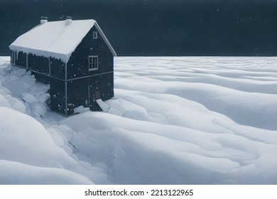 House Buried In Snow. Snowdrifts. Snowy Wasteland.