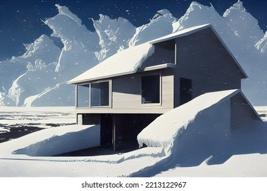 House Buried In Snow. Snowdrifts. Snowy Wasteland.