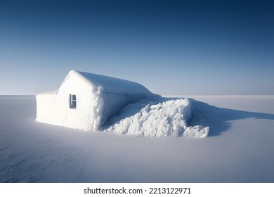 House Buried In Snow. Snowdrifts. Snowy Wasteland.