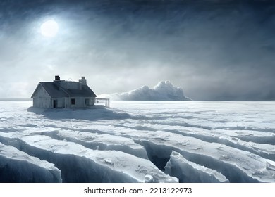 House Buried In Snow. Snowdrifts. Snowy Wasteland.