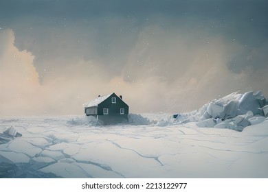 House Buried In Snow. Snowdrifts. Snowy Wasteland.