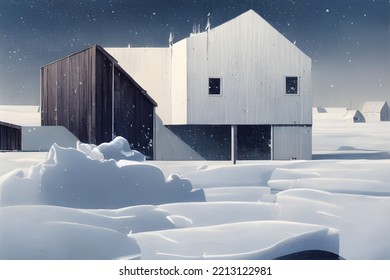 House Buried In Snow. Snowdrifts. Snowy Wasteland.