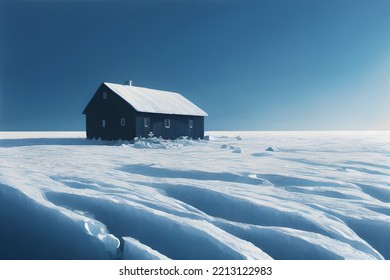 House Buried In Snow. Snowdrifts. Snowy Wasteland.