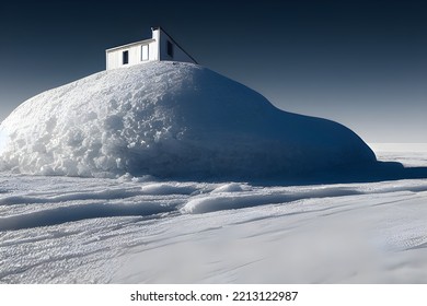 House Buried In Snow. Snowdrifts. Snowy Wasteland.