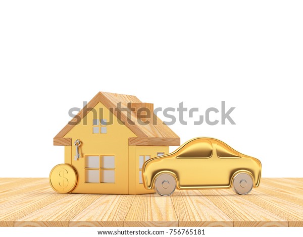 House, Car and Coin icons on wooden floor on\
white background. 3D\
illustration