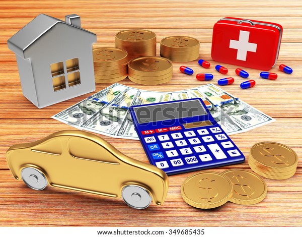 House, car, first aid kit and calculator with\
money on wood\
background