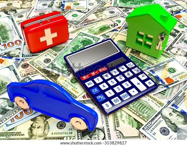 House, car, first aid kit and calculator on\
background of dollar\
bills