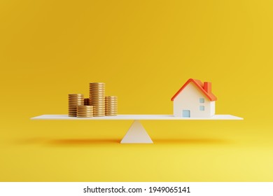 House And Coin On Balancing Scale On Yellow Background. Real Estate Business Mortgage Investment And Financial Loan Concept. Money Saving And Cashflow Theme. 3D Illustration Rendering Graphic Design