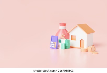 House With Coins, bag money, banknote and Calculator.Real Estate Investment Concept.home property investment, Loan for real estate, Building Icon.3D icon rendering illustration.Cartoon minimal style