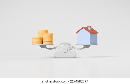 House And Coins On The Scales. 3D Rendering Illustration. Housing Is Worth The Money.