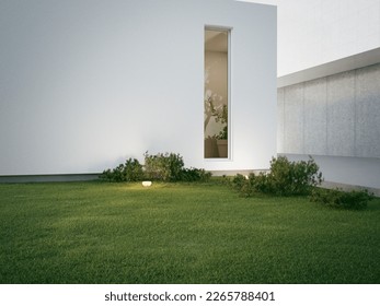 House with concrete terrace near empty grass floor. 3d rendering of green lawn in modern home. - Powered by Shutterstock