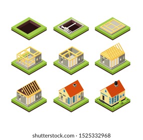 House Construction. Building Constructing Phases. Rural Home Creation Stage. Isometric Icons