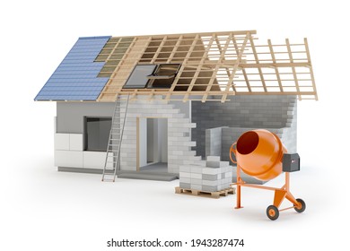 House Construction Concept - Small Home Build Isolated On White, 3d Illustration