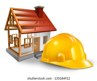 House Construction And Home Builder Concept With A Yellow Worker Hardhat And A Residential Structure Being Built On A White Background.