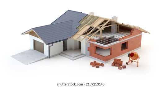 Hausbau auf weißem Hintergrund, 3D-Konzept, 3D-Illustration