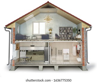 House Cross Section, View On Bathroom, Kitchen And Living Room, 3d Illustration