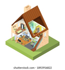 House cutaway isometric. Interior of modern house with different rooms with furniture pictures