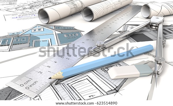 House Design\
Sketches. Blue Theme Architectural house drawings and sketches.\
Rolls, Ruler, Pencil, Eraser and Divider of metal. Shallow depth of\
field, 3D render. 