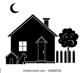 House With Dog Kennel And Tree, Black Silhouette.