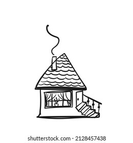 House Doodle, Small Home With Big Window, Smoke From Chimney On Roof Simple Cartoon Black Drawing On White Background, Home Sweet Home