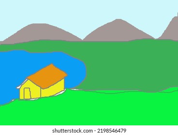 House Drawing Green Field Pic
