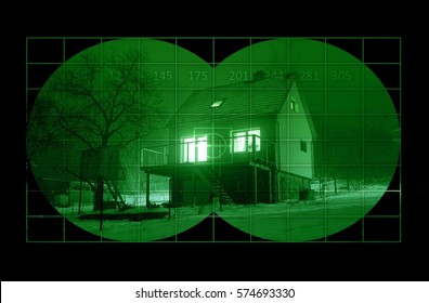 House During Nigh - View Through Night Vision