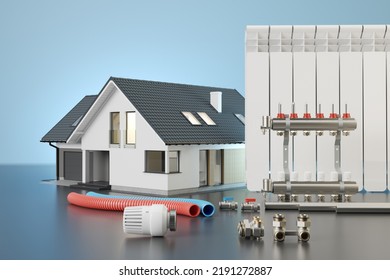 House And Elements Of The Installation Of The Heating System. Heating Radiator, Thermostat, Pipes And Collector. Central Heating Installation Concept. 3D Illustration.