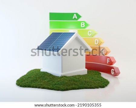 House with energy saving concept. Energy Efficiency Card. 3D illustration