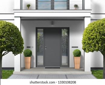 House Facade With Entrance Portal, Balcony, Pillars And Front Door - 3D Rendering