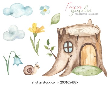 House For Fairies With A Tree Stump, Flowers, Clouds, A Snail Garden Fairies Watercolor Set