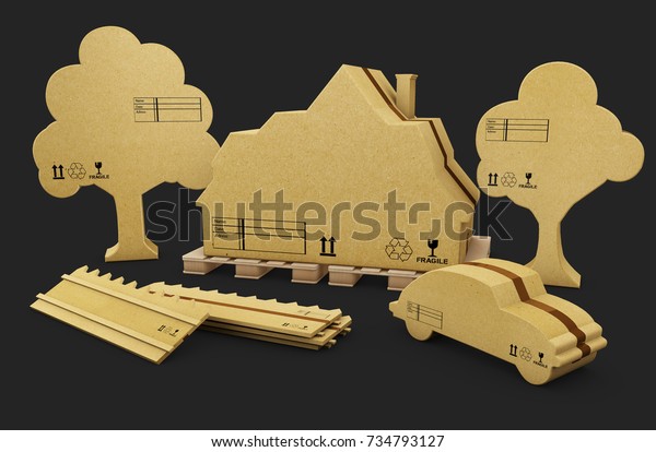 A house, fence, car and tree in brown\
cardboard, isolated white 3d\
illustration.