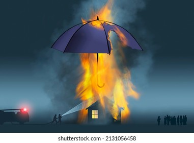 A House Fire Blazes Right Through An Umbrella That Represents Insurance Coverage In This 3-d Illustation About Homeowners Insurance.