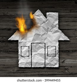 House Fire Concept And Residential Smoke Disaster And Burning Destruction Symbol As Crumpled Paper Shaped As A Family Home Residence As A 3D Illustration On Rustic Wood.